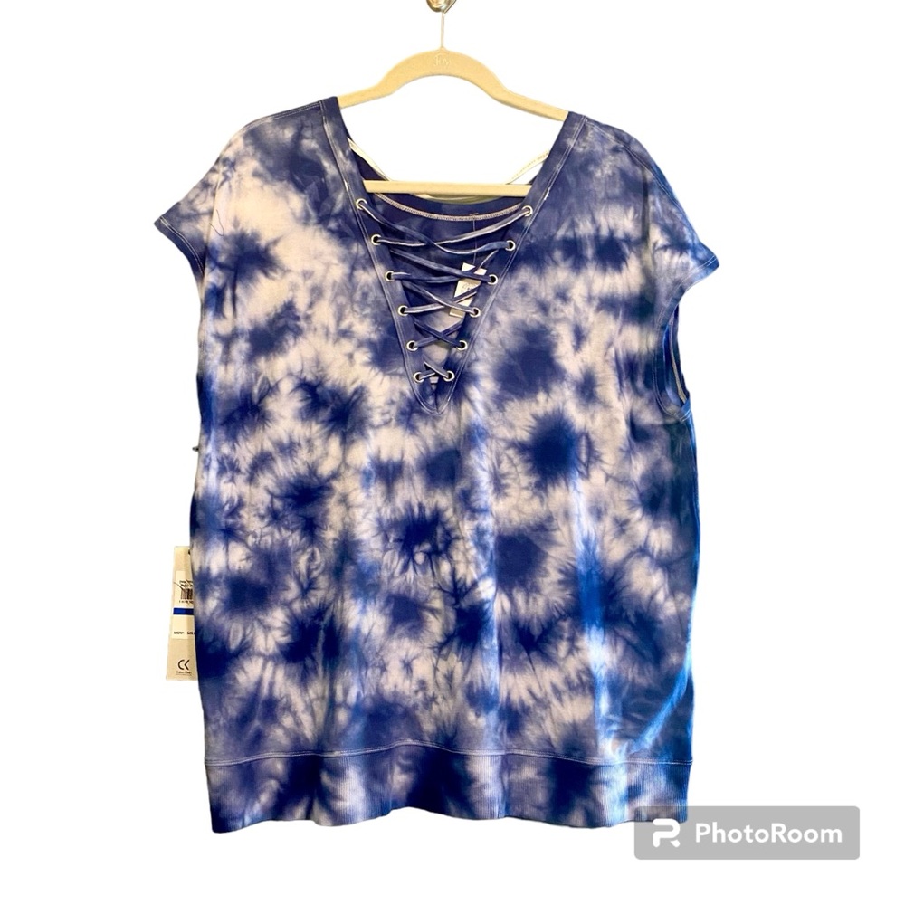 NWT Calvin Klein Performance Blue Tie Dye Lace Up Cap Sleeve Hem Top Sz XL